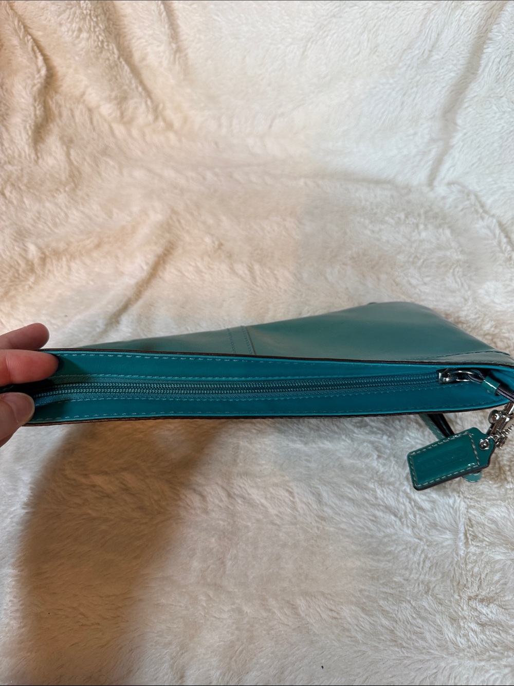 Coach Teal Green Patent Leather Slim Wristlet Zip Top Pouch Silver Hardware - Picture 6 of 8